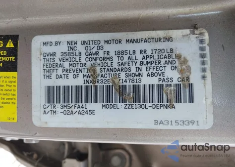 2003 Toyota Corolla Le z USA, uszkodzony, nr VIN 1NXBR32E43Z147813